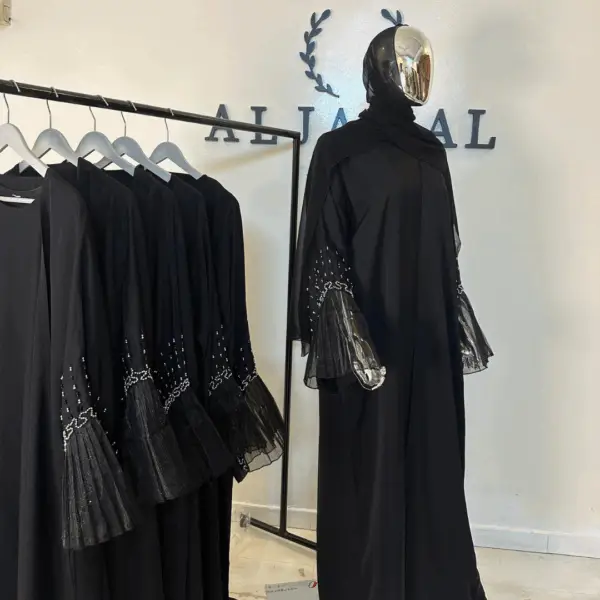 Aljamal – Abaya Noire Perlée 3 pièces