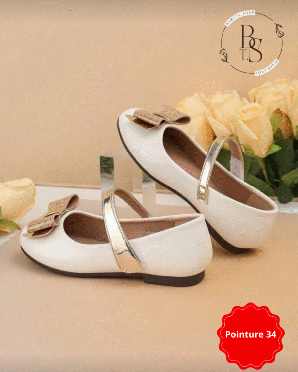 Ballerines blanches fille avec nœud doré élégant – Pointure 34 – Image 3