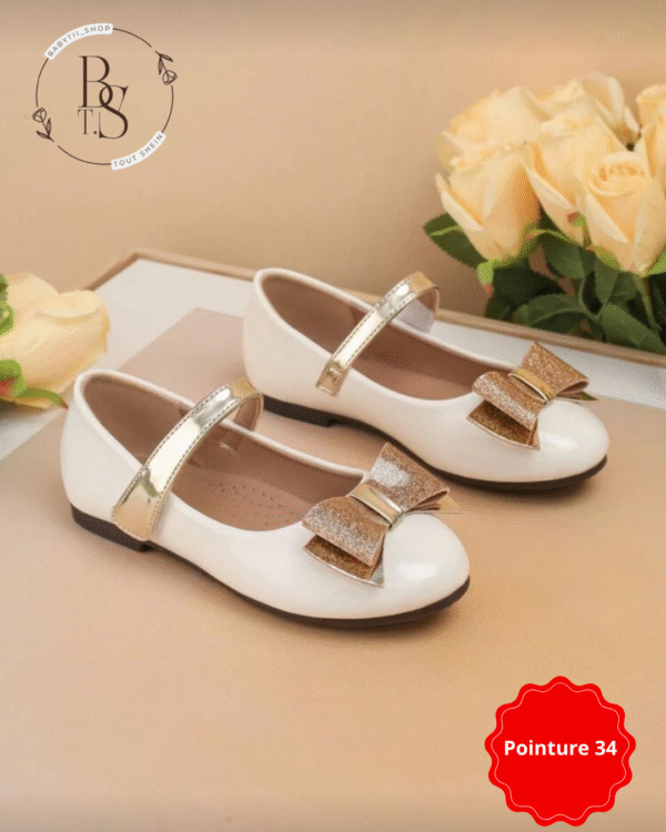 Ballerines blanches fille avec nœud doré élégant – Pointure 34 – Image 2