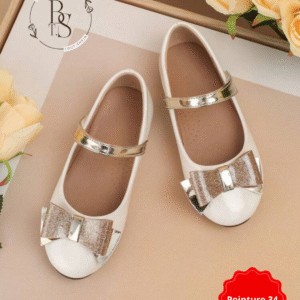 Ballerines blanches fille avec nœud doré élégant – Pointure 34