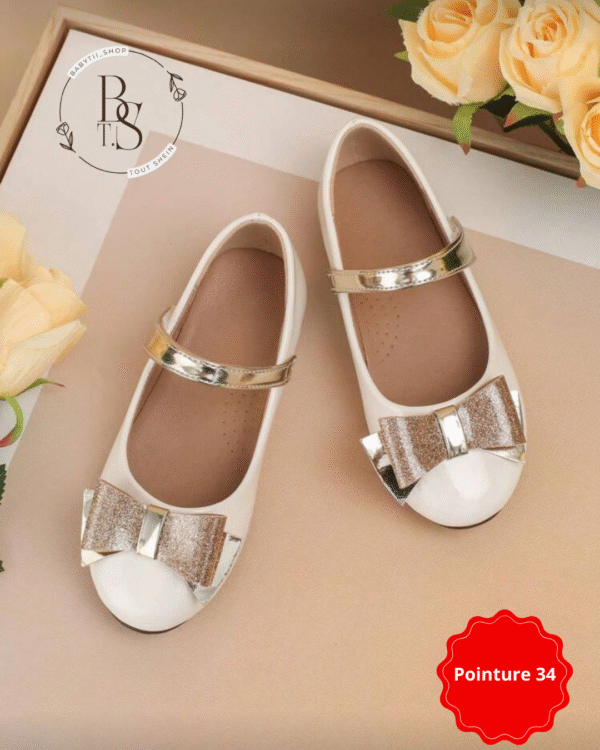 Ballerines blanches fille avec nœud doré élégant – Pointure 34