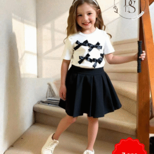 Ensemble fille 7 ans – Haut à nœuds 3D + jupe évasée élégante