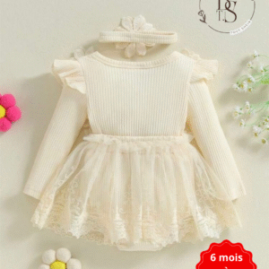Ensemble bébé fille 6-9 mois – Robe fleurs 3D + barboteuse + bandeau
