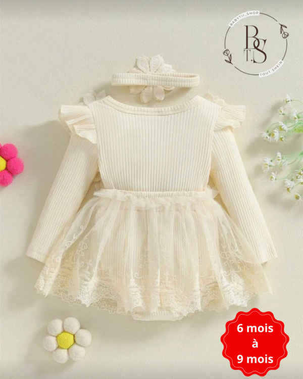 Ensemble bébé fille 6-9 mois – Robe fleurs 3D + barboteuse + bandeau – Image 3