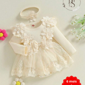 Ensemble bébé fille 6-9 mois – Robe fleurs 3D + barboteuse + bandeau