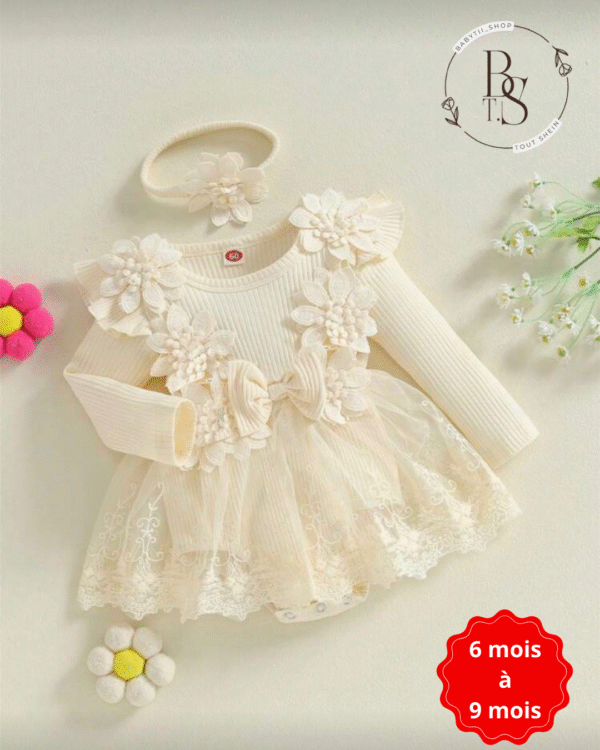 Ensemble bébé fille 6-9 mois – Robe fleurs 3D + barboteuse + bandeau – Image 2
