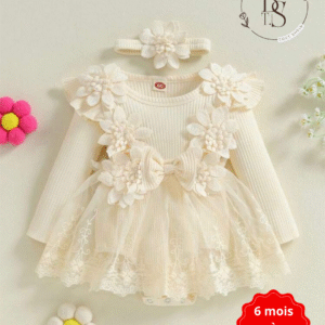 Ensemble bébé fille 6-9 mois – Robe fleurs 3D + barboteuse + bandeau