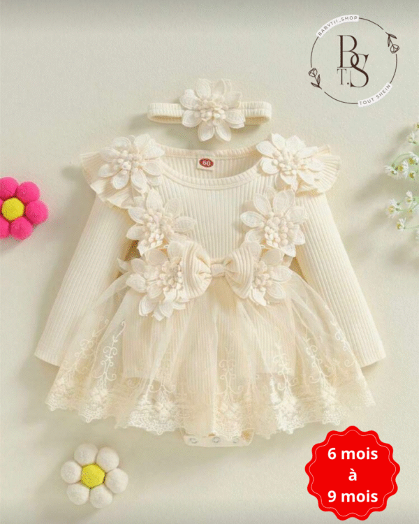 Ensemble bébé fille 6-9 mois – Robe fleurs 3D + barboteuse + bandeau