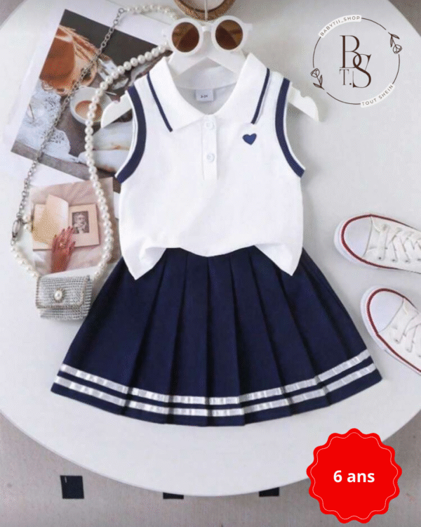 Ensemble fille 6 ans – Débardeur cœur + jupe plissée scolaire