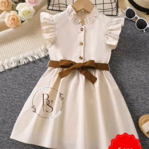 Robe fille 6 ans – Élégante unicolore kaki, col montant & volants