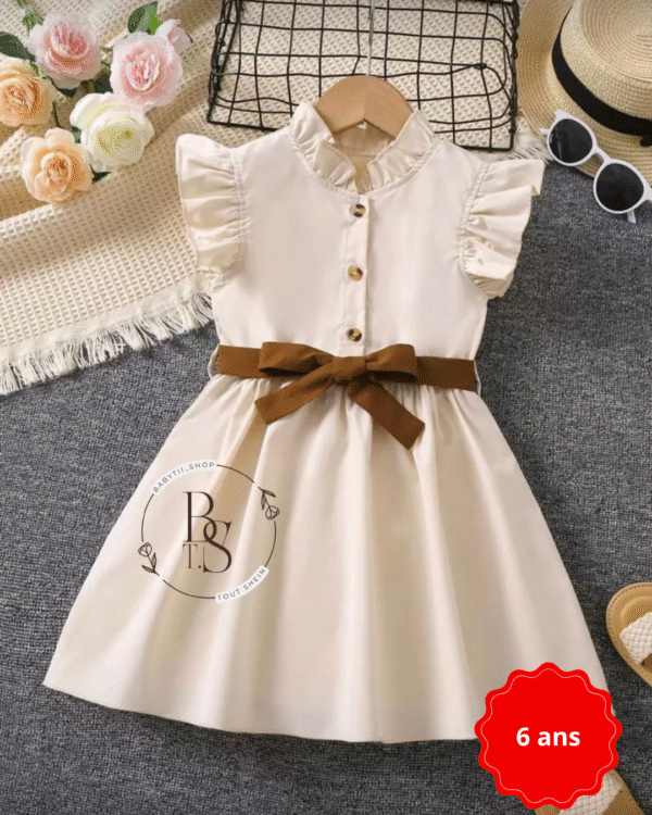 Robe fille 6 ans – Élégante unicolore kaki, col montant & volants