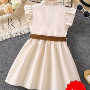 Robe fille 6 ans – Élégante unicolore kaki, col montant & volants