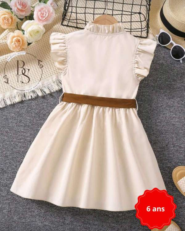 Robe fille 6 ans – Élégante unicolore kaki, col montant & volants – Image 2