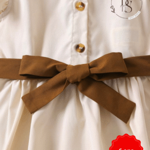 Robe fille 6 ans – Élégante unicolore kaki, col montant & volants