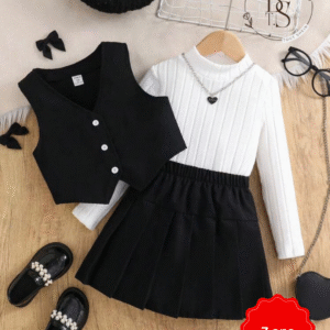 Ensemble fille 7 ans – Gilet boutonné + T-shirt col montant + mini-jupe