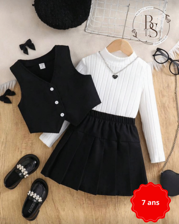 Ensemble fille 7 ans – Gilet boutonné + T-shirt col montant + mini-jupe