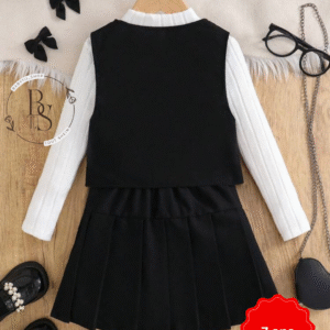 Ensemble fille 7 ans – Gilet boutonné + T-shirt col montant + mini-jupe
