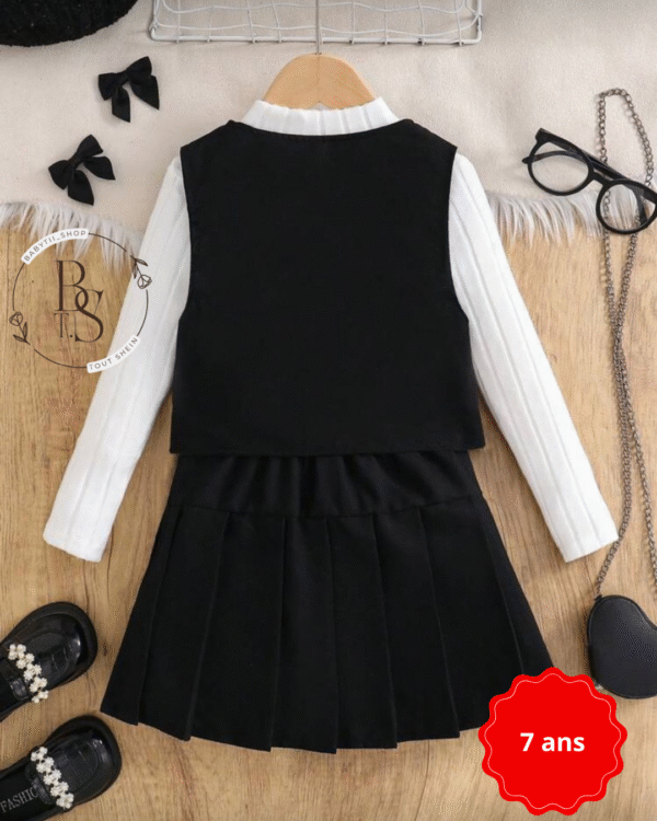 Ensemble fille 7 ans – Gilet boutonné + T-shirt col montant + mini-jupe – Image 3