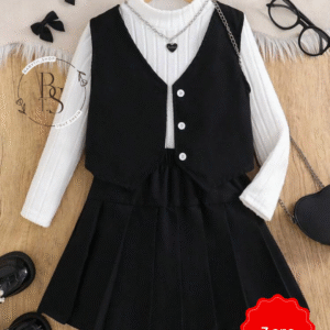 Ensemble fille 7 ans – Gilet boutonné + T-shirt col montant + mini-jupe