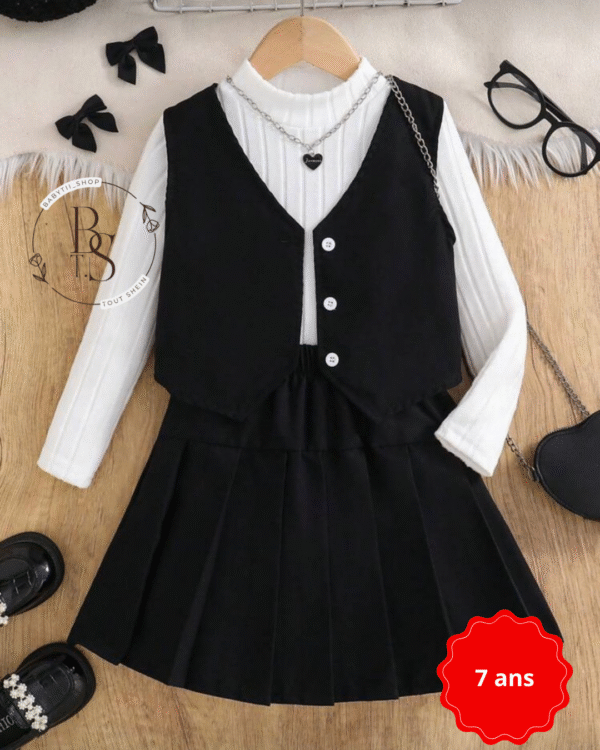 Ensemble fille 7 ans – Gilet boutonné + T-shirt col montant + mini-jupe – Image 2
