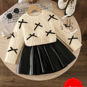 Ensemble fille 7 ans – Pull à nœuds + jupe noire PU chic
