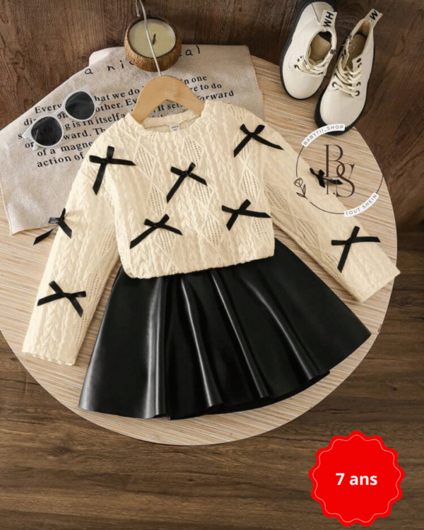 Ensemble fille 7 ans – Pull à nœuds + jupe noire PU chic
