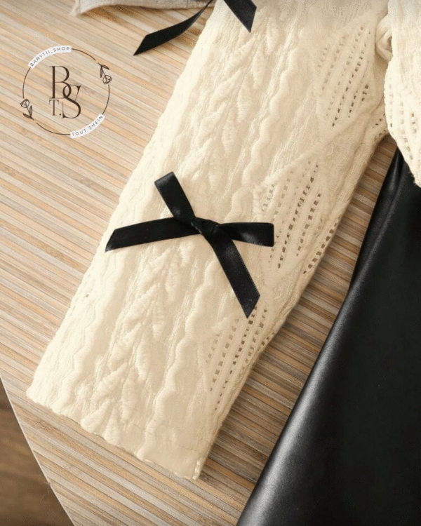 Ensemble fille 7 ans – Pull à nœuds + jupe noire PU chic – Image 3