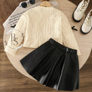 Ensemble fille 7 ans – Pull à nœuds + jupe noire PU chic