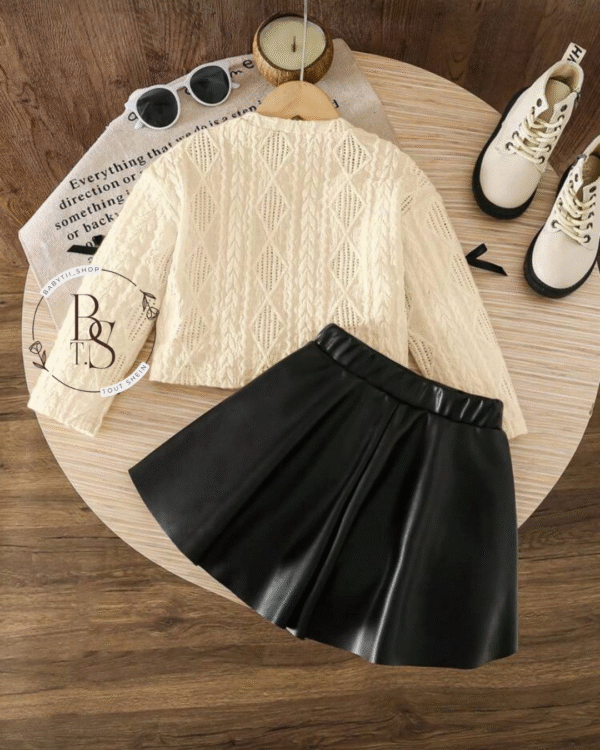 Ensemble fille 7 ans – Pull à nœuds + jupe noire PU chic – Image 2