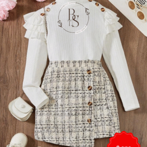 Ensemble fille 9 ans – Haut à volants chic + jupe à carreaux boutonnée