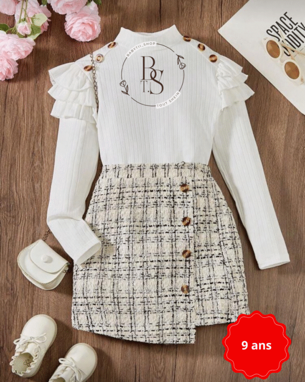 Ensemble fille 9 ans – Haut à volants chic + jupe à carreaux boutonnée