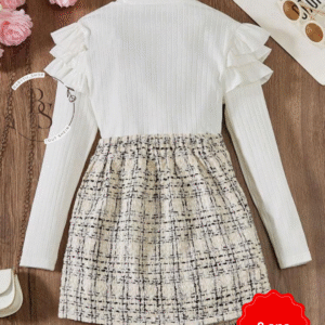 Ensemble fille 9 ans – Haut à volants chic + jupe à carreaux boutonnée