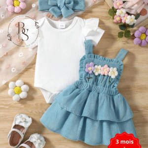 Ensemble bébé fille 3-6 mois – Body + robe salopette fleurs + serre-tête