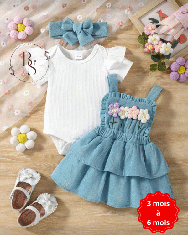 Ensemble bébé fille 3-6 mois – Body + robe salopette fleurs + serre-tête