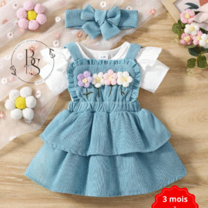 Ensemble bébé fille 3-6 mois – Body + robe salopette fleurs + serre-tête