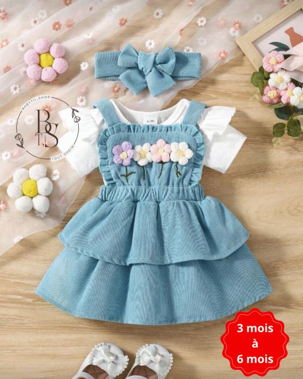 Ensemble bébé fille 3-6 mois – Body + robe salopette fleurs + serre-tête – Image 2