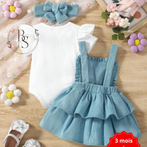 Ensemble bébé fille 3-6 mois – Body + robe salopette fleurs + serre-tête