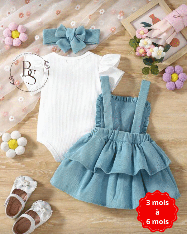 Ensemble bébé fille 3-6 mois – Body + robe salopette fleurs + serre-tête – Image 3