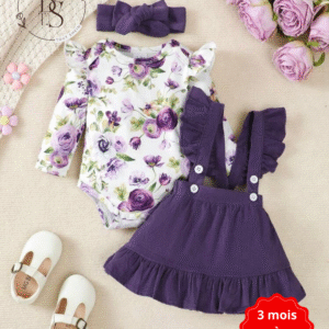 Ensemble bébé fille 3-6 mois – Blouse fleurie + salopette violette + serre-tête