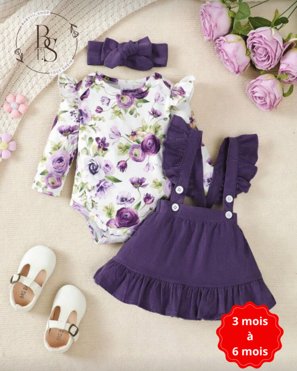 Ensemble bébé fille 3-6 mois – Blouse fleurie + salopette violette + serre-tête