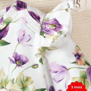 Ensemble bébé fille 3-6 mois – Blouse fleurie + salopette violette + serre-tête