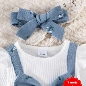 Combinaison bébé fille 1-3 mois – 3 pièces fleurie avec serre-tête