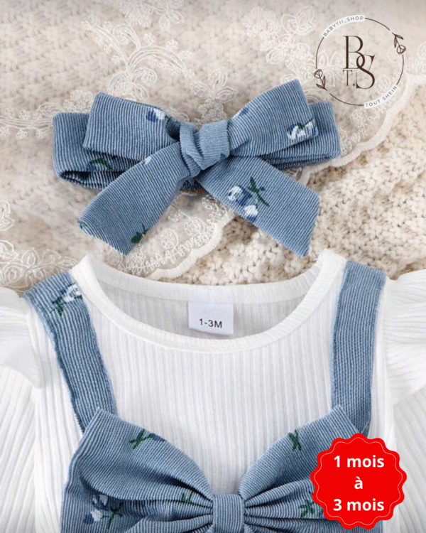 Combinaison bébé fille 1-3 mois – 3 pièces fleurie avec serre-tête – Image 2