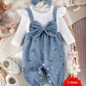 Combinaison bébé fille 1-3 mois – 3 pièces fleurie avec serre-tête
