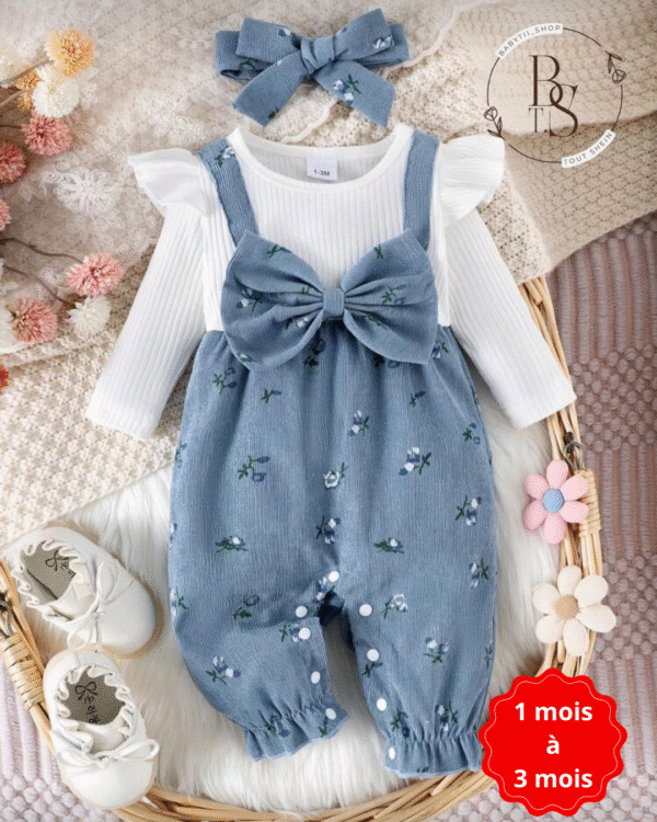 Combinaison bébé fille 1-3 mois – 3 pièces fleurie avec serre-tête
