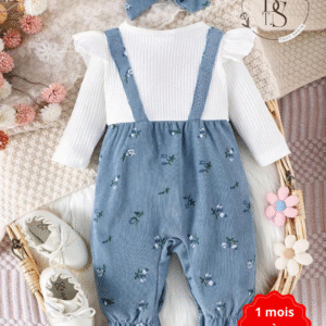 Combinaison bébé fille 1-3 mois – 3 pièces fleurie avec serre-tête