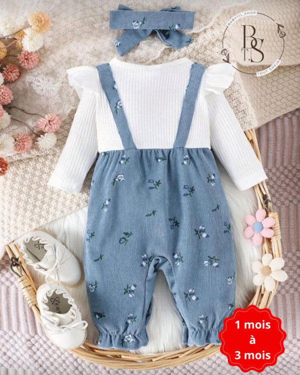 Combinaison bébé fille 1-3 mois – 3 pièces fleurie avec serre-tête – Image 3