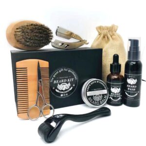 Kit barbe complet 9 en 1 – Huile, baume, shampoing & accessoires