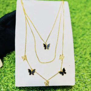 Collier Multi-Rangs Doré Papillons Noirs
