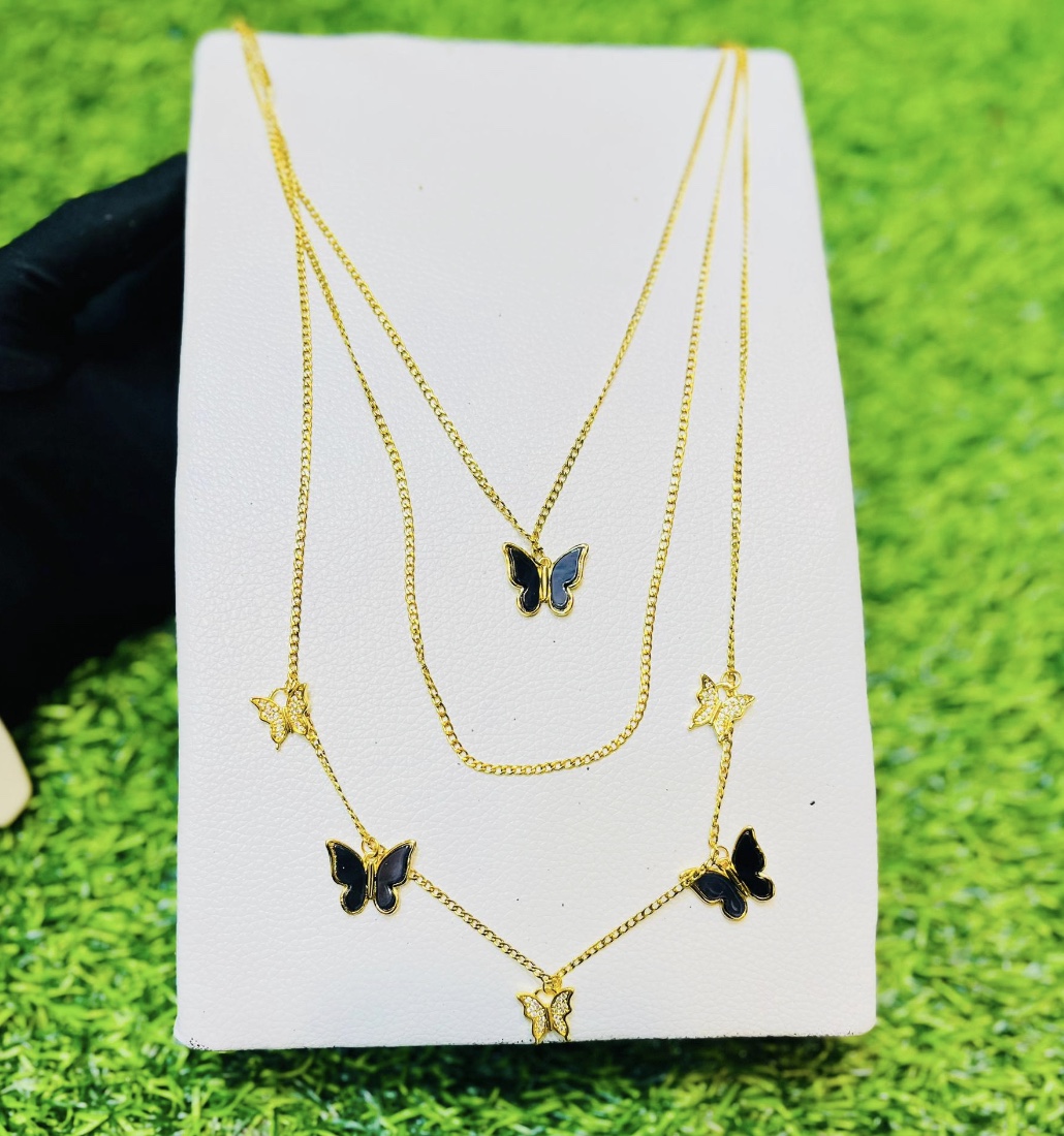 Collier Multi-Rangs Doré Papillons Noirs